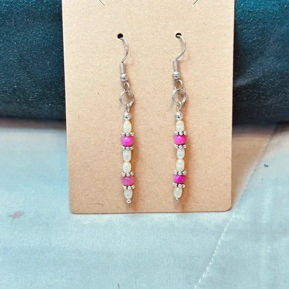 Stainless Steel Dangle Earrings Freshwater Pearls & Crackle Quartz Hand Made - Picture 2 of 11